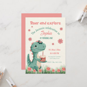 Dinosaur Cute Jurassic Funny Girl First Birthday Inbjudningar