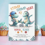 Dinosaur Dance Party Funny Joint Syskon Birthday Inbjudningar<br><div class="desc">En inbjudan till två roligtar och en söt födelsedagspartier,  med ett dinosaurietema och titeln Stomp Chomp & Roar,  med en vattenfärgad illustration av två vidlyftiga dinosaurier med headset och en bra-dans. Fira dina vilder med den här häpnadsväckande roliga inbjudan som kommer att ange tonen för en vild.</div>