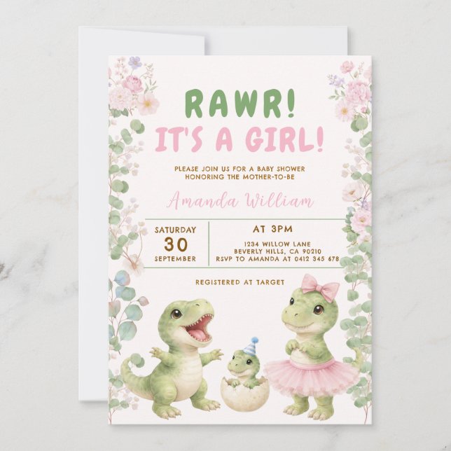 Dinosaur Det är en tjej Dinosaur Babyshower Inbjudningar (Framsida)