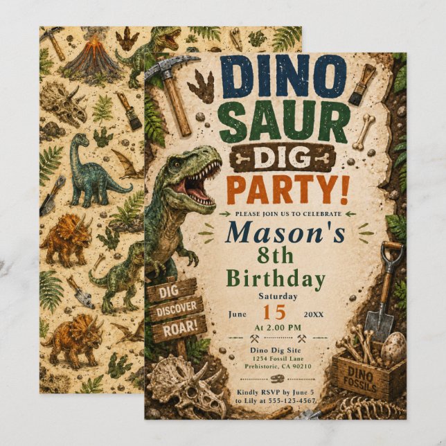 Dinosaur Digger Födelsedag Inbjudningar (Fram/baksida)