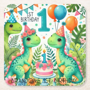 Dinosaur Dino 1:a födelsedagen Party Underlägg Papper Kvadrat