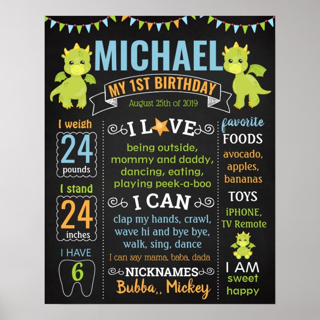 Dinosaur Dino Dragon Birthday chalkboard-tecken Poster (Framsidan)
