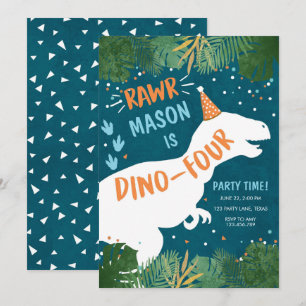 Dinosaur Dino-four RAWR 4:e fjärde födelsedagen Inbjudningar