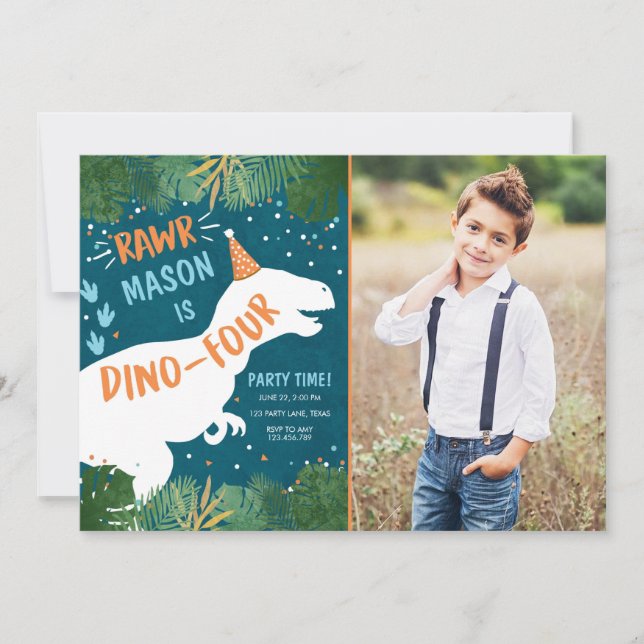 Dinosaur Dino-four RAWR 4:e fjärde födelsedagen Inbjudningar (Framsida)