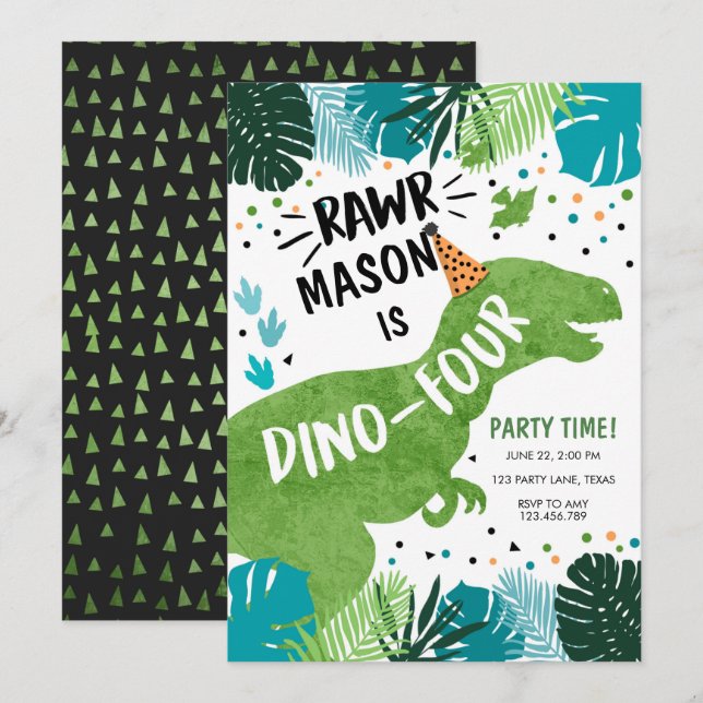 Dinosaur Dino-four RAWR 4:e födelsedagen Invita Inbjudningar (Fram/baksida)