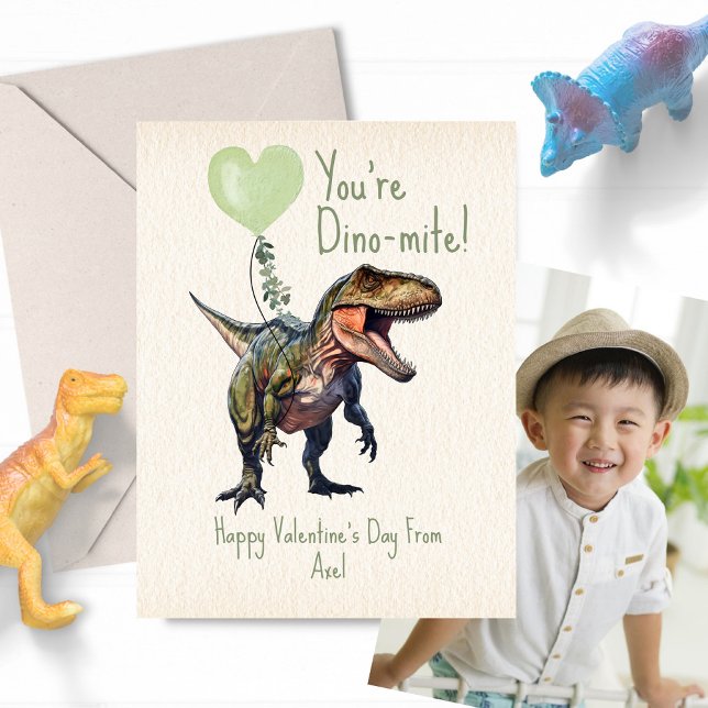 Dinosaur Dino-mite Grönt Classroom Valentine Photo Vykort (Skapare uppladdad)