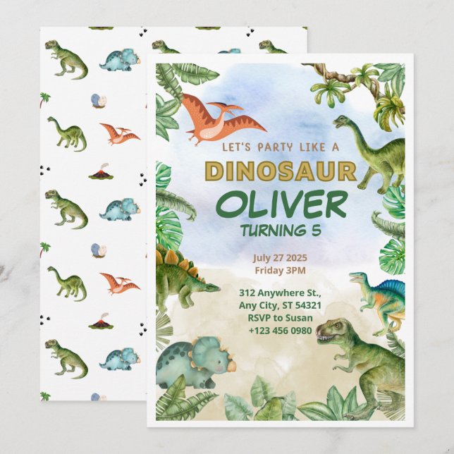 Dinosaur Dino T-rex 5:e födelsedagsinbjudan kort (Fram/baksida)