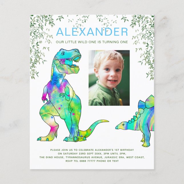 Dinosaur djungel 1:a födelsedag Party Budgetblått Flygblad (Framsidan)
