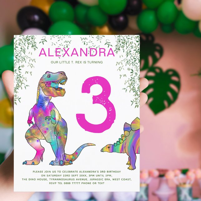 Dinosaur djungel 3-års födelsedagsfest rosa budget (Dinosaur T-Rex jungle pink girls 3rd birthday party invitation )