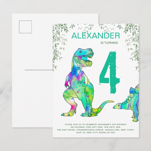 Dinosaur djungel 4-års födelsedagsfest budget inbjudan vykort (Fram/baksida)