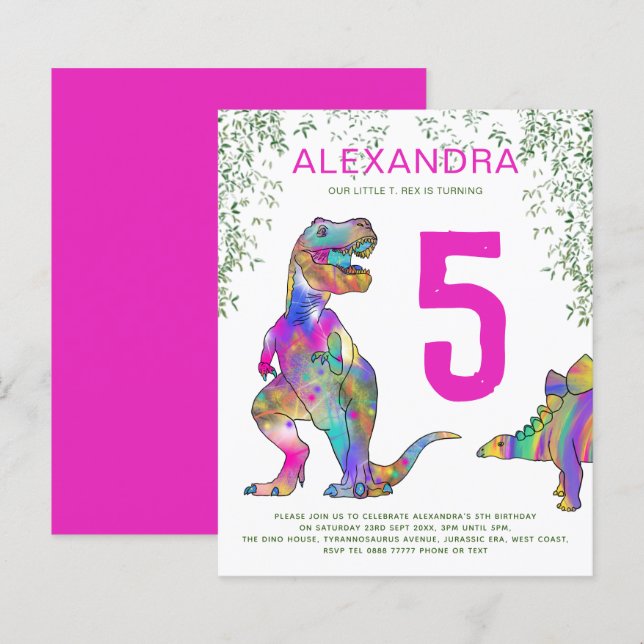 Dinosaur djungel 5-års födelsedagsfest rosa budget (Fram/baksida)