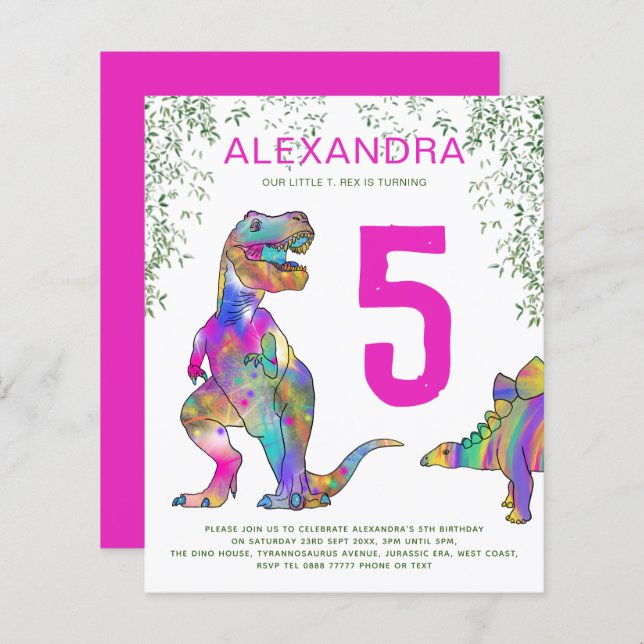 Dinosaur djungel rosa 5:e Födelsedagsfesten (Fram/baksida)