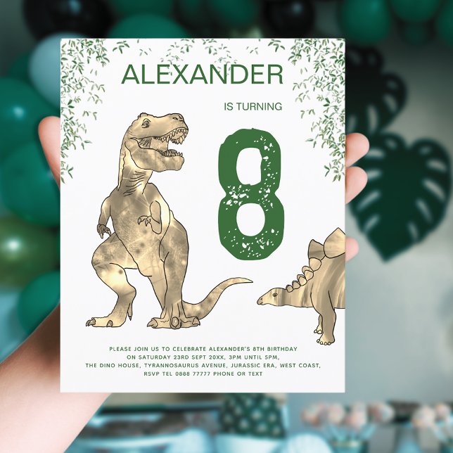 Dinosaur djungel T. rex pojkar Födelsedagsfest Bud (T-Rex dinosaur jungle 8th birthday party budget invitation brown and green tyrannosaurus stegosaurus)