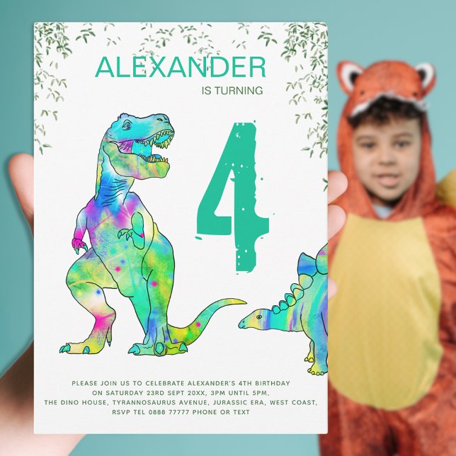 Dinosaur-djungeln 4e födelsedagen Party Inbjudningar (Dinosaur T-Rex 4th birthday party party colorful dino Jurassic jungle watercolor green and blue)