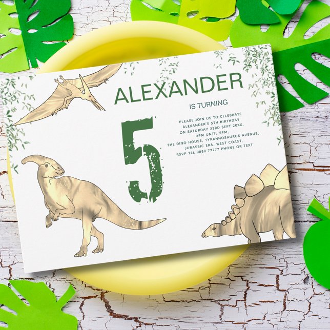 Dinosaur-djungeln 5:e Födelsedagsfesten Inbjudningar (Dinosaur jungle 5th birthday party invitation pterodactyl stegosaurus and parasaurolophus)