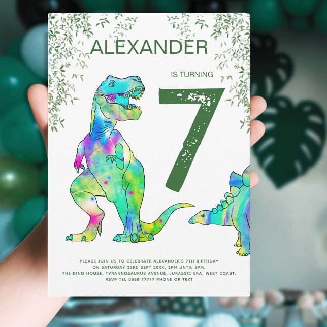 Dinosaur djungelpojkar Födelsedagsfest grönt Inbjudningar (T-Rex Dinosaur Jungle 7th birthday party invitation colorful Tyrannosaurus rex and stegosaurus dinos)