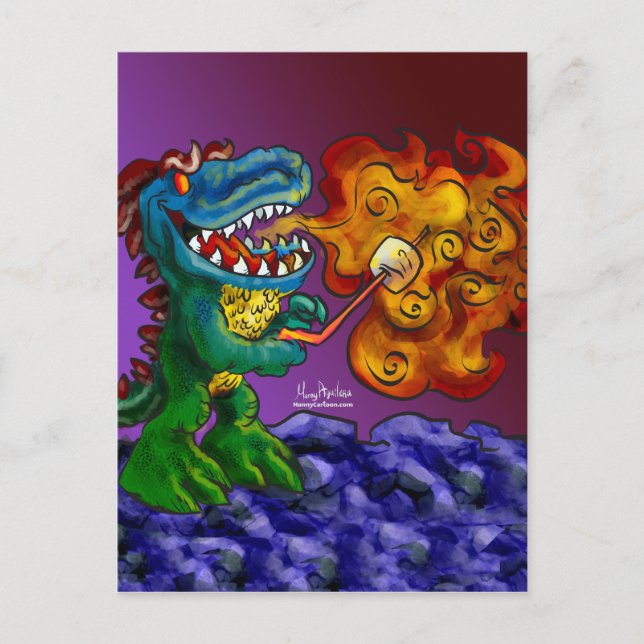 Dinosaur Dragon Cooking Marshmallow med utandning Vykort (Framsida)