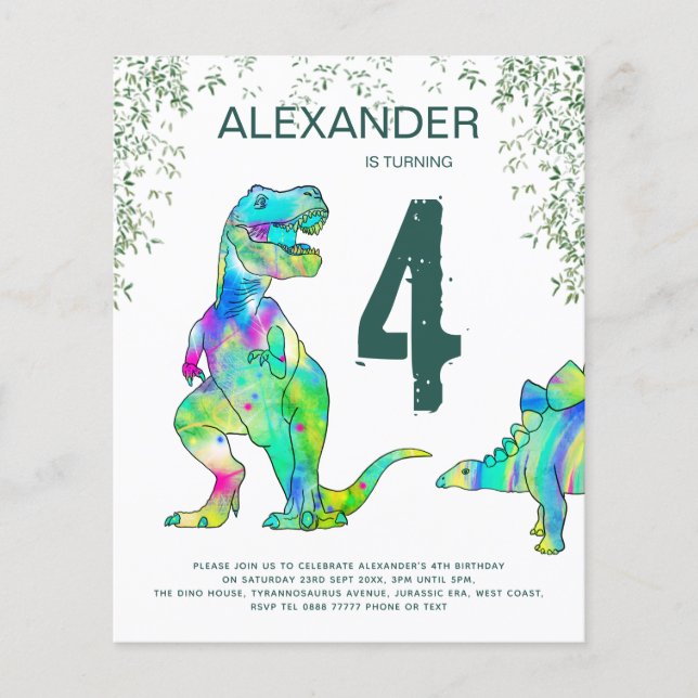 Dinosaur Dschungel Födelsedagsfest Budget Inbjudan Flygblad (Framsidan)