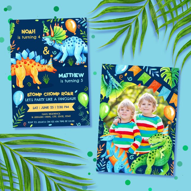 Dinosaur Dubbla Firande Boys Birthday Photo Inbjudningar (Dinosaur Joint Boys Birthday Party Photo Invitation)