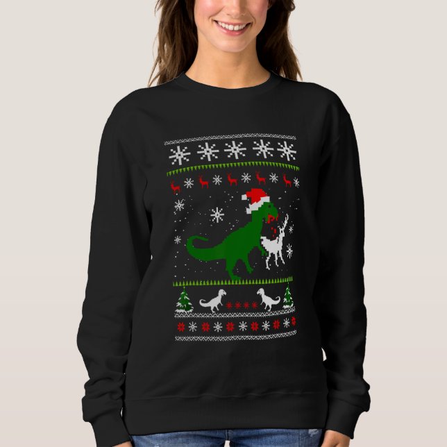 Dinosaur Eating Reindeer Ugly jul Sweater Fu T Shirt (Framsida)