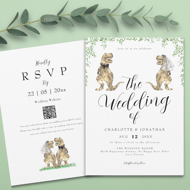 Dinosaur Eucalyptus Foliage Bröllop Inbjudningar (Stylish Botanical dinosaur wedding invitation with qr code)