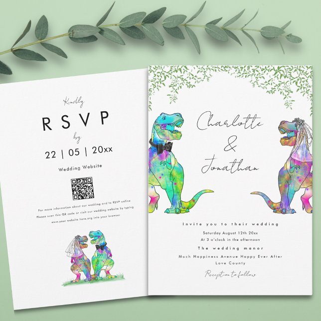 Dinosaur Eucalyptus Foliage Bröllop Inbjudningar (Boho botanical dinosaur wedding invitation with qr code)