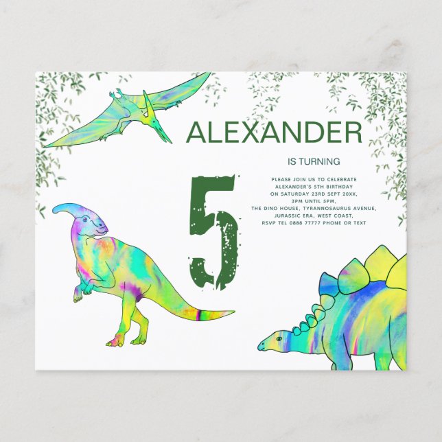 Dinosaur färgglad födelsedagsfest budget flygblad (Framsidan)