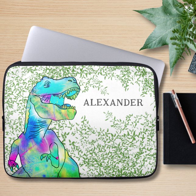 Dinosaur Färgstark T-Rex lägg till Namn Laptop Fodral (Colorful T-Rex Dinosaur with jungle foliage custom name laptop sleeve)