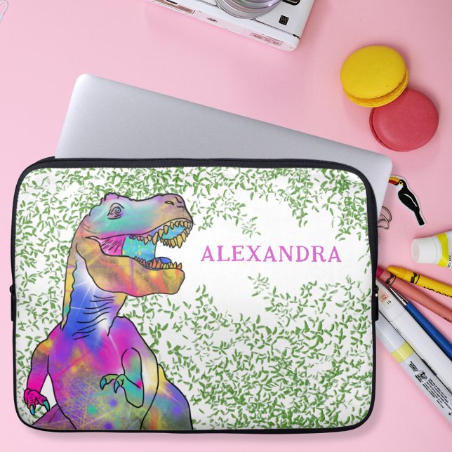Dinosaur Färgstark T-Rex lägg till Namn Laptop Fodral (Colorful Dinosaur T-Rex Jurassic jungle custom name laptop sleeve)