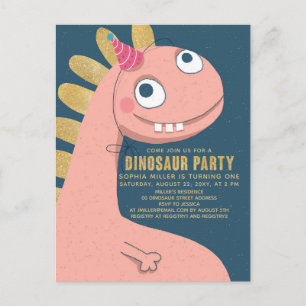 Dinosaur Faux Guld Rosa Roligt Cute Girl Kids Inbjudan Vykort