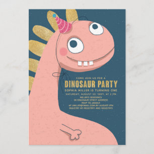 Dinosaur Faux Guld Rosa Roligt Cute Girl Kids Inbjudningar