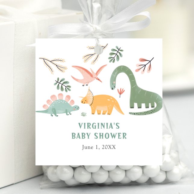 Dinosaur-favorittagg Gåvor Etiketter (Cute Dinosaur Square Baby Shower Favor Tag by Painted Paperie)