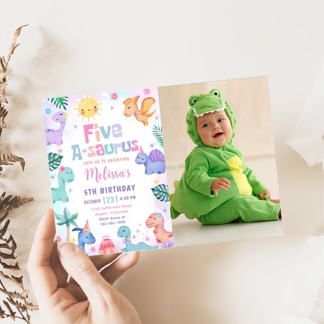 Dinosaur Fem-A-Saurus 5:e födelsedagsfoto Inbjudningar (Skapare uppladdad)
