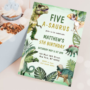 Dinosaur Fem-A-Saurus femte Födelsedagsfesten Inbjudningar