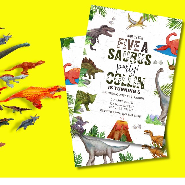Dinosaur Fem A Saurus femte Födelsedagsfesten Inbjudningar (Five-a-saurus birthday invite with cute dinosaurs and greenery – editable and fun!)