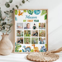Dinosaur First Birthday 12 Photo Milestone Poster
