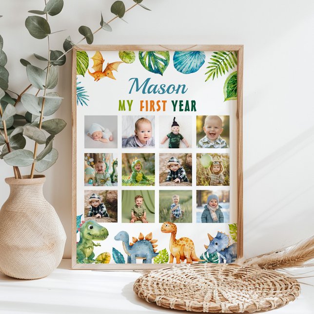 Dinosaur First Birthday 12 Photo Milestone Poster (Skapare uppladdad)