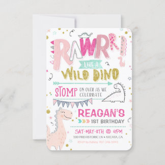 Dinosaur First Birthday Call Vild Dino Roar Inbjudningar