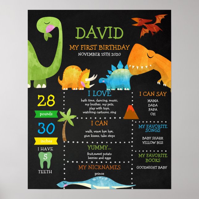 Dinosaur First Birthday Chalkboard Milestone Poster (Framsidan)