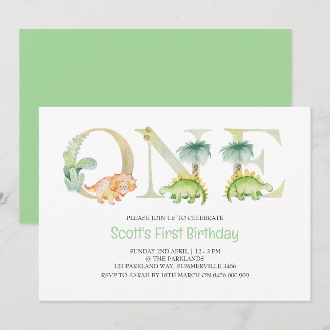 Dinosaur First Birthday-inbjudan Inbjudningar (Fram/baksida)