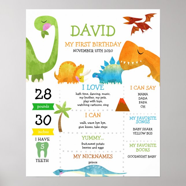 Dinosaur First Birthday Milestone Poster (Framsidan)