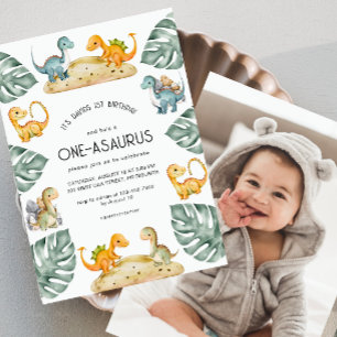 Dinosaur First Birthday Oneasaurus Party Photo Inbjudningar