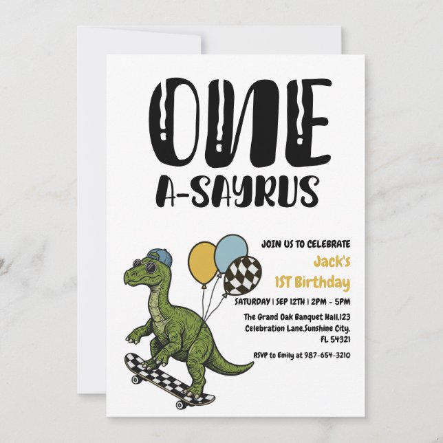 Dinosaur First Birthday, Skateboard Dinos 1 st Inbjudningar (Framsida)