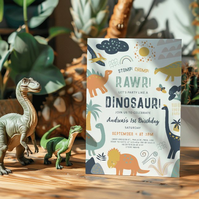 Dinosaur First Birthday Stomp Chomp Roar Inbjudningar (Skapare uppladdad)