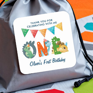Dinosaur First Birthday Tack Square Sticker Fyrkantigt Klistermärke