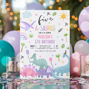 Dinosaur Five-A-Saurs Rosa 5:e Födelsedagsfesten Inbjudningar