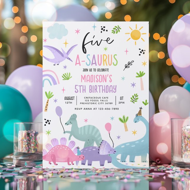 Dinosaur Five-A-Saurs Rosa 5:e Födelsedagsfesten Inbjudningar (Skapare uppladdad)