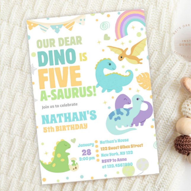 Dinosaur Five-A-Saurus 5th Birthday Party Pastel Inbjudningar (Skapare uppladdad)
