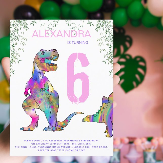 Dinosaur Flick kalas budget Inbjudan Vykort (Colorful Dinosaur girls birthday party invitation postcard with T-Rex stegosaurus and jungle foliage)