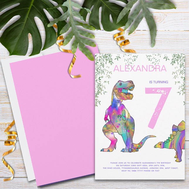 Dinosaur flick kalas rosa inbjudningar (Colorful Dinosaur girls birthday party invitation with T-Rex and stegosaurus pink purple blue green)